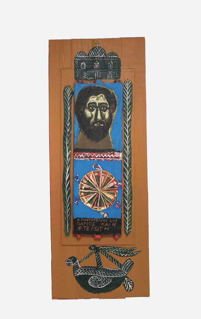 Τάσος Μαντζαβίνος, Ο άγιος και η φτερωτή, 2017, ακρυλικό σε ξύλο © Β.Χ.Μ./ΥΠ.ΠΟ.Α.